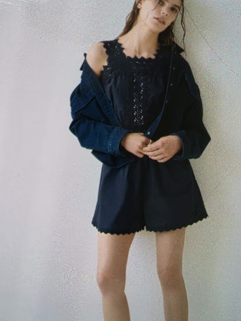 Lace Detail Romper Scalloped Navy